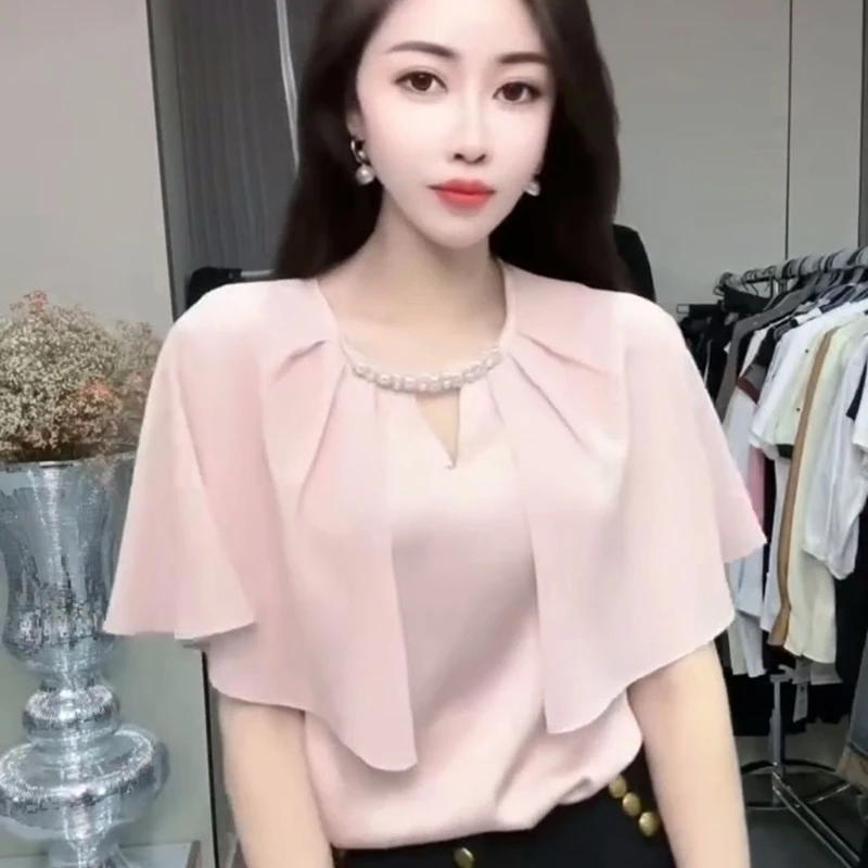 

Fashion Solid Color Folds Beading Butterfly Sleeve Blouses Women's Clothing 2024 Summer New Loose Casual Tops Office Lady Shirts