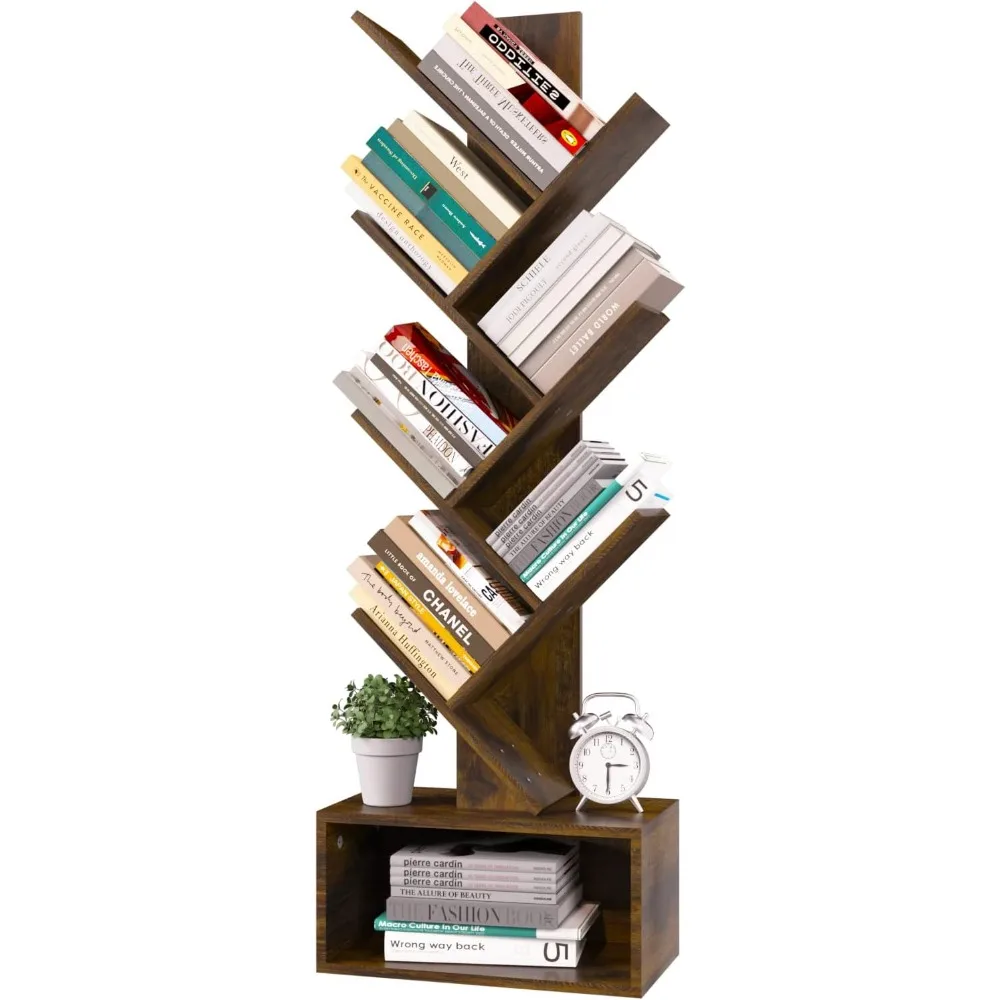 

Tree Bookshelf - 6 Shelf Retro Floor Standing Bookcase, Tall Wood Book Storage Rack for CDs/Movies/Books