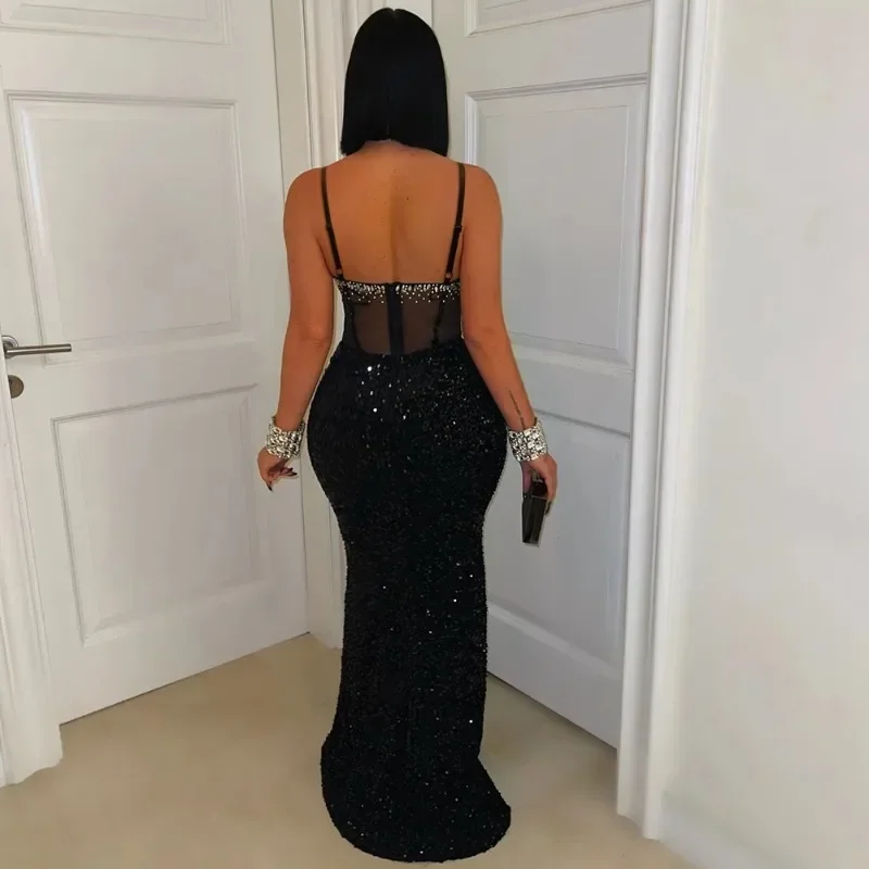 Femmes Sexy maille transparente Patchwork velours paillettes Maxi Robe de soirée strass bretelles Spaghetti dos nu moulante longue Robe