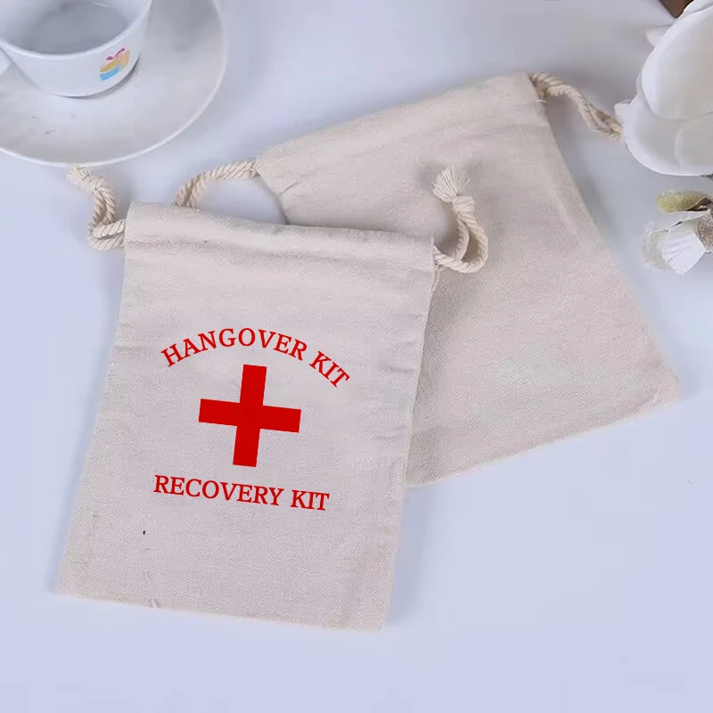 100PCS Christmas Party Wake Up Bags Party Gift Bags Storage Bags Cotton Linen Bags First Aid Kits Bags Red Cross Hangover Kits