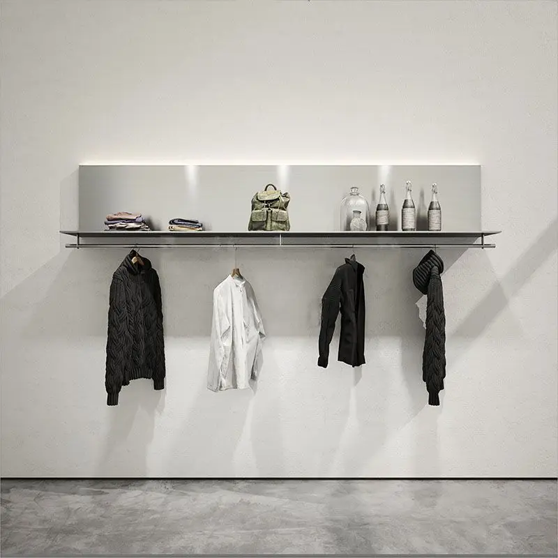 custom，Shopping Mall Clothing Store On The Wall Shelf With Hanging Rod Clothing Display Shelf Hanger