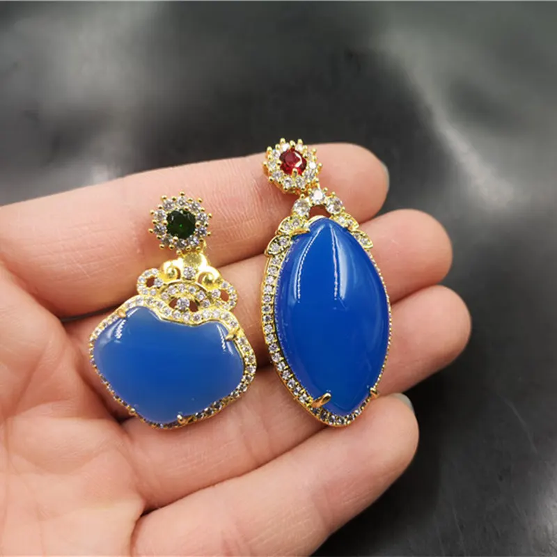 Vacuum Plating Inlaid Chalcedony Lock of Good Wishes Blue Agate Water Drop Jade Pendant