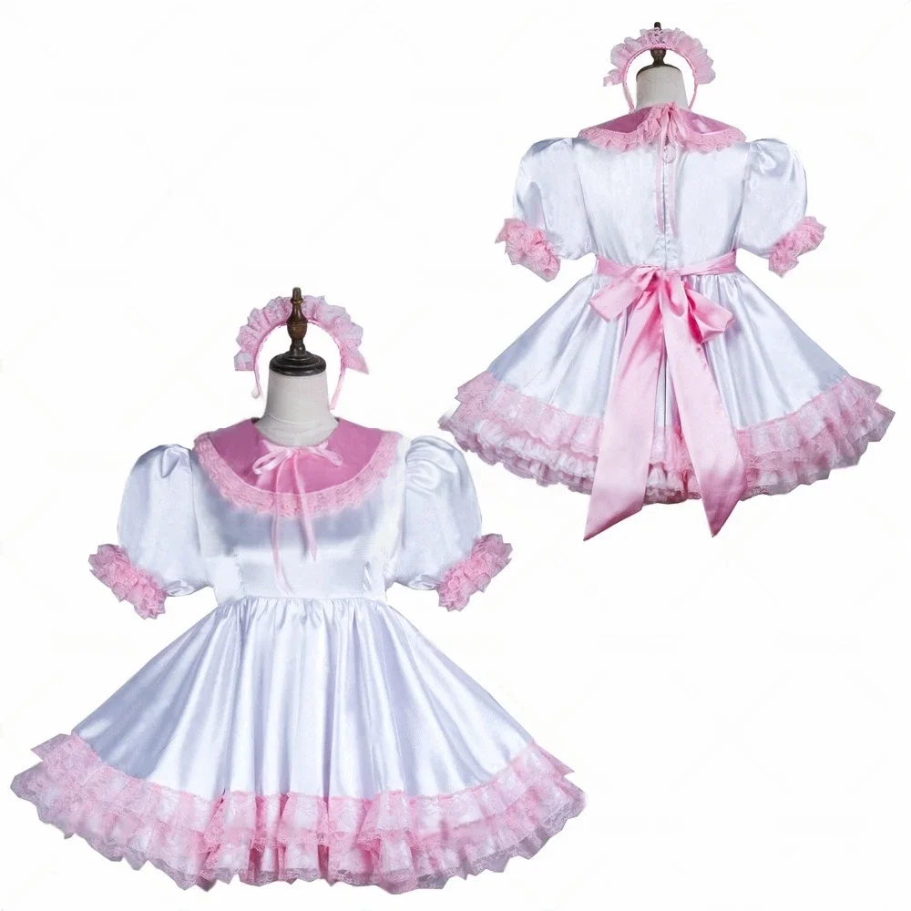 

Sexy Sissy French maid white satin lockable ruffle edge dress cosplay costume customizable