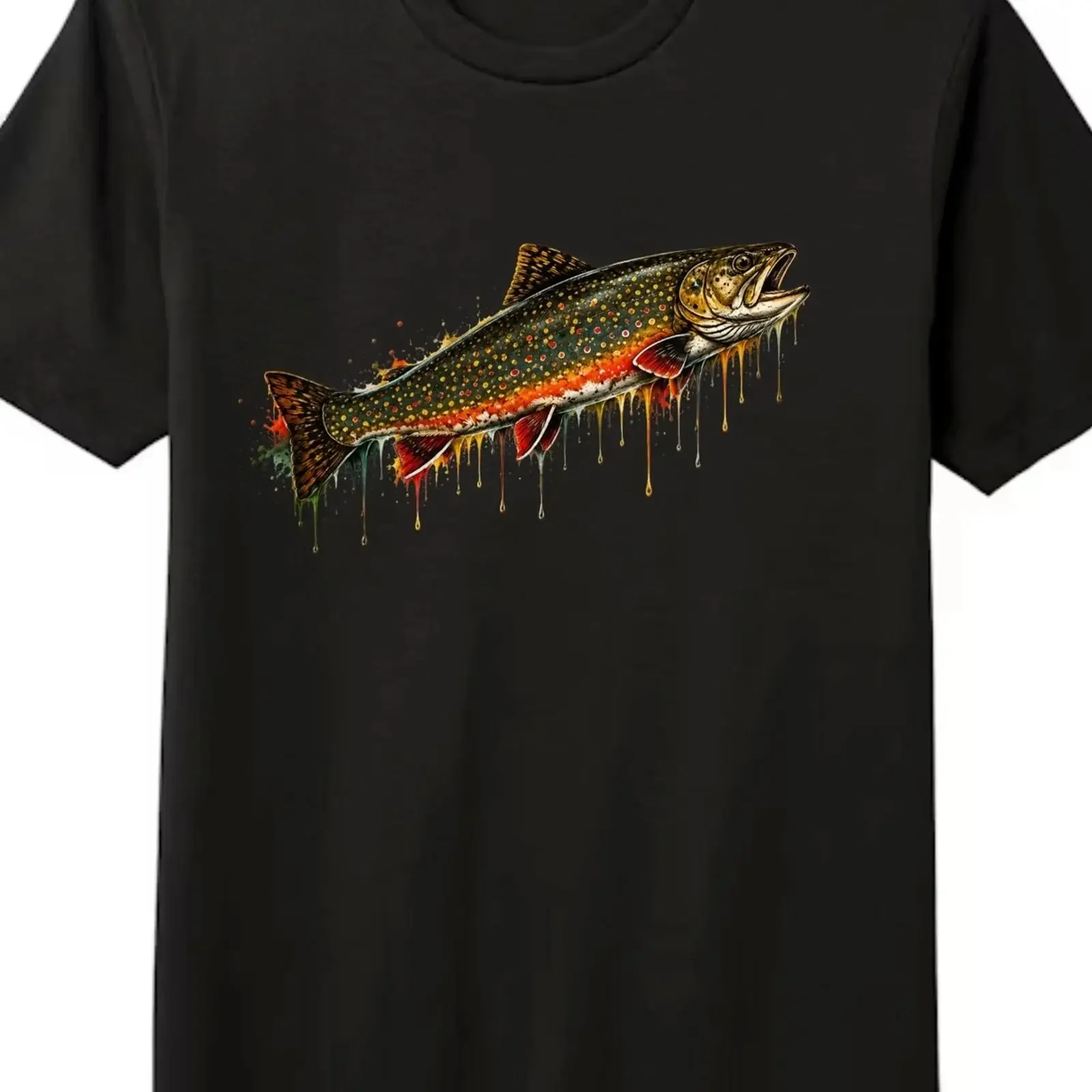 Drip Paint Brook Trout Cotton Fishing  T Shirt vintage Washed Casual Versatile Breathable Stylish homme designer clothes
