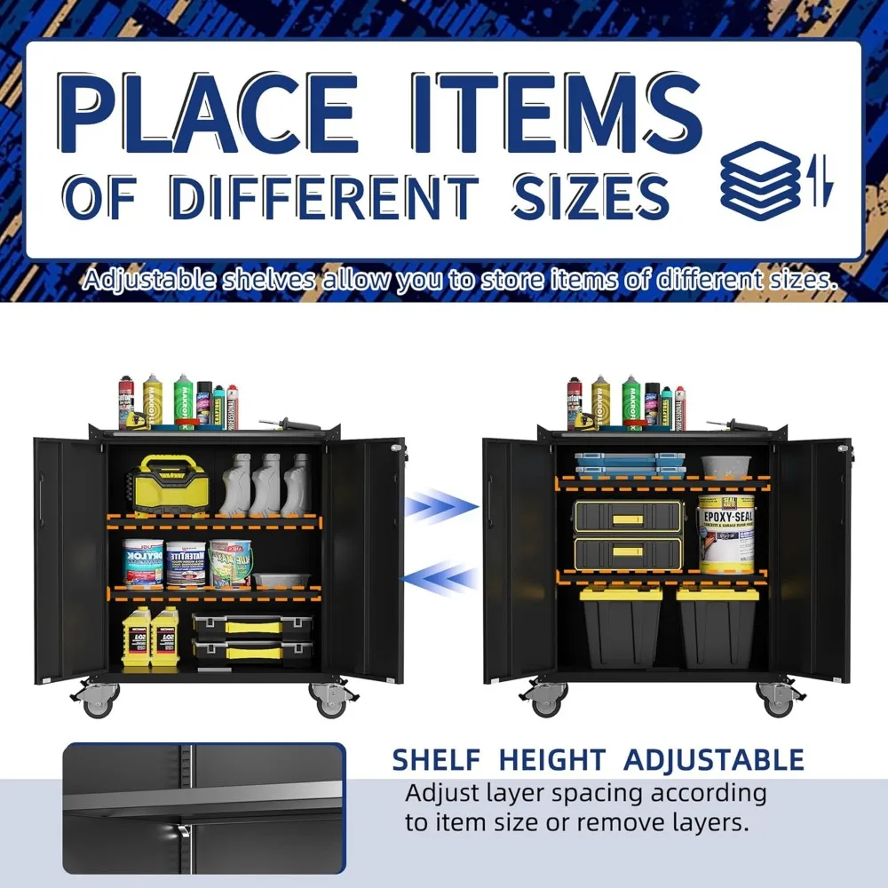 Adjustable Wall and Rolling Locking Tool Cabinets with Doors and Shelves for Garage Storage System