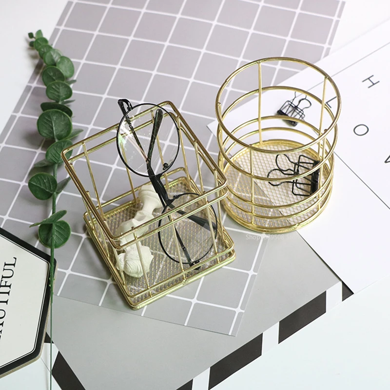 Ins Style Golden Wrought Iron Pen Holder Desktop Storage Jar Brush Cosmetic Storage Box Household Simple Storage Basket