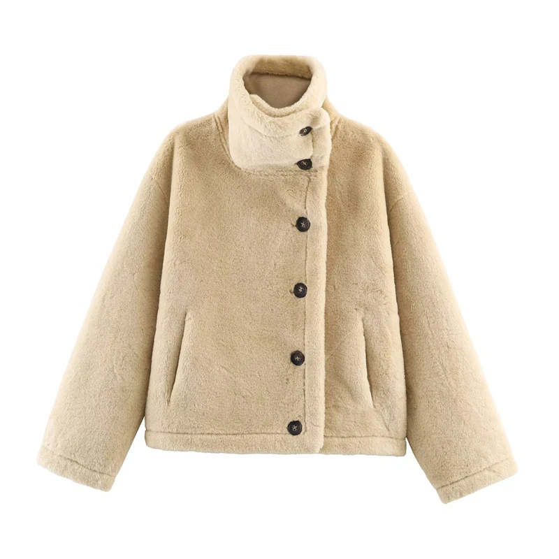 Giacca da donna in pile reversibile beige Teddy - Cappotto corto asimmetrico con colletto alto e bottoni, caldo invernale