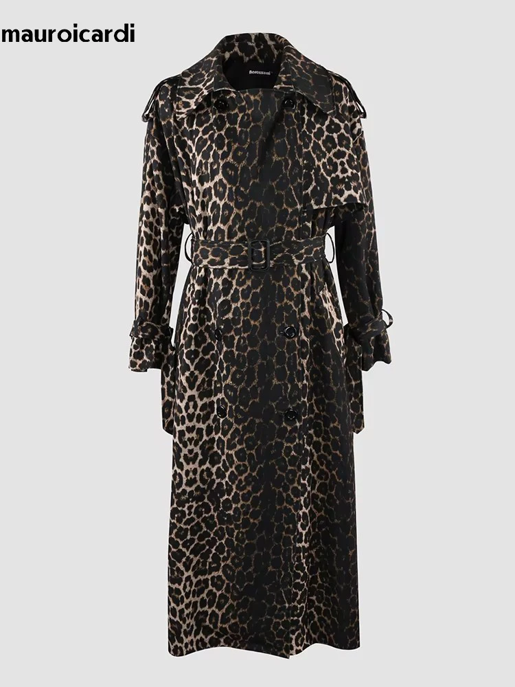 Mauroicardi Spring Extra Long Oversized Flowy Thin Soft Colorful Leopard Print Trench Coat for Women Luxury Designer Clothes