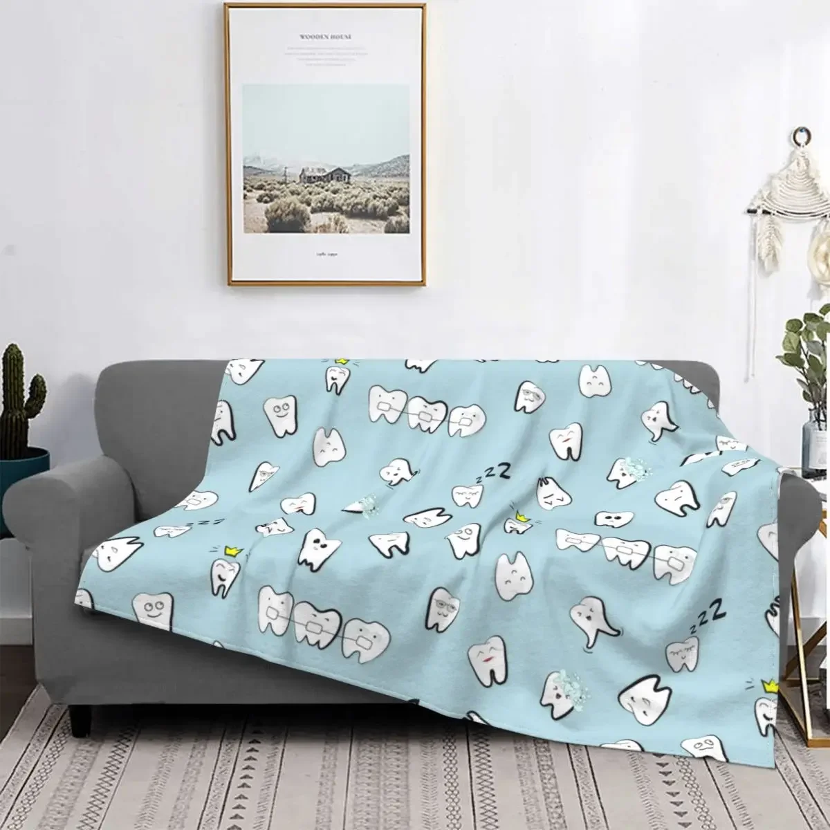 Tooth Pattern Teeth Knitted Blankets Flannel Ultra-Soft Throw Blankets for Airplane Travel Bed Rug