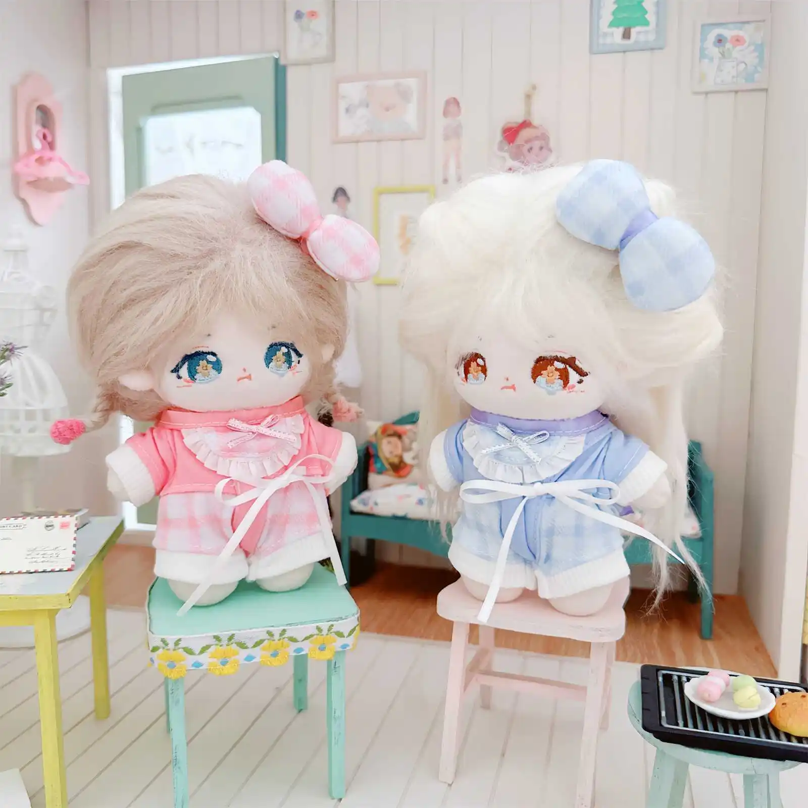 

10cm Kawaii Idol Doll Clothes Cute 3Pcs Pink Blue Pajamas Suit Plush Cotton Doll Clothes for Girls Kids Collection Fans Gifts