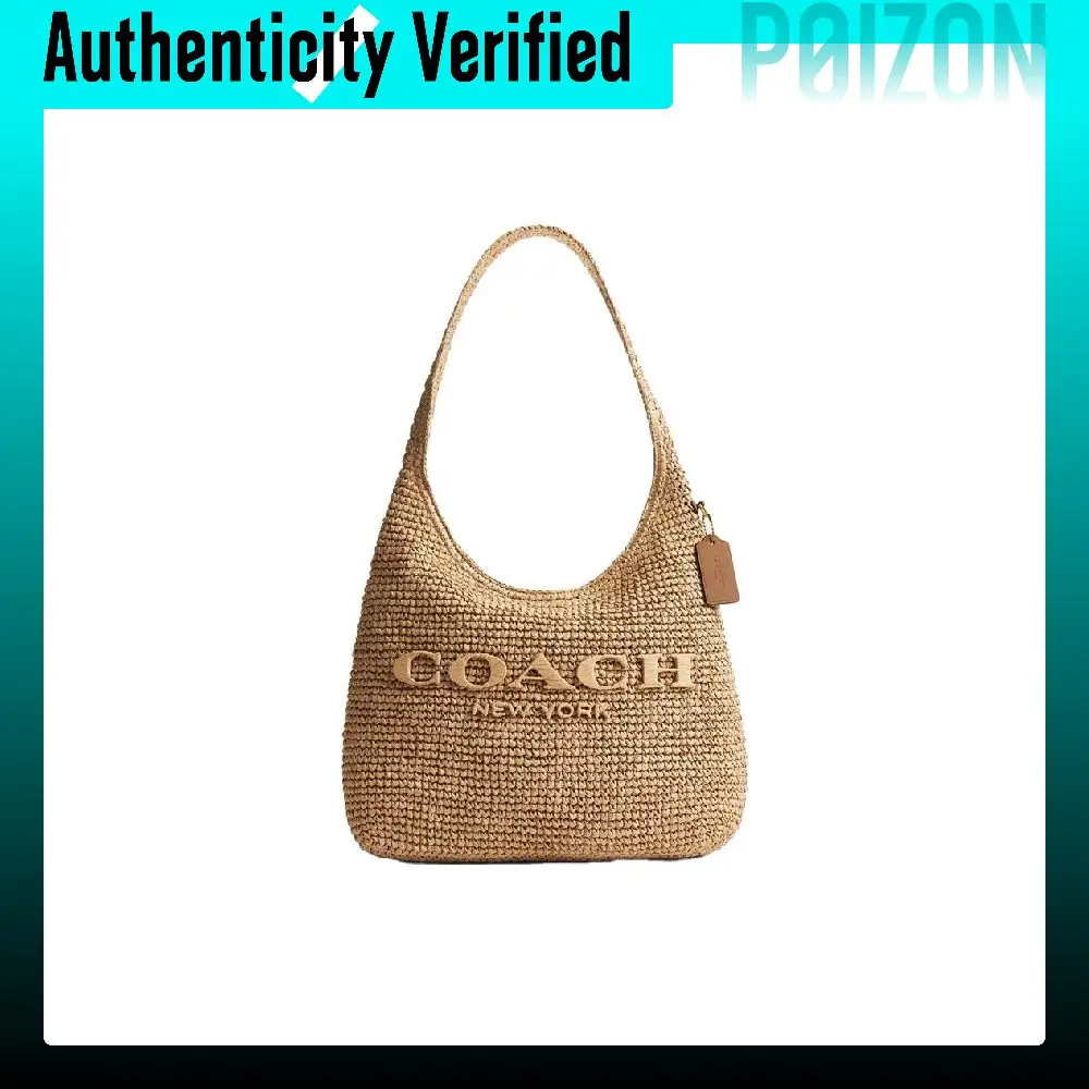 COACH Brooklyn Straw, Finely Crafted Calfskin Shoulder Bag Medium Women's Light Umber CDZ38-B4NA