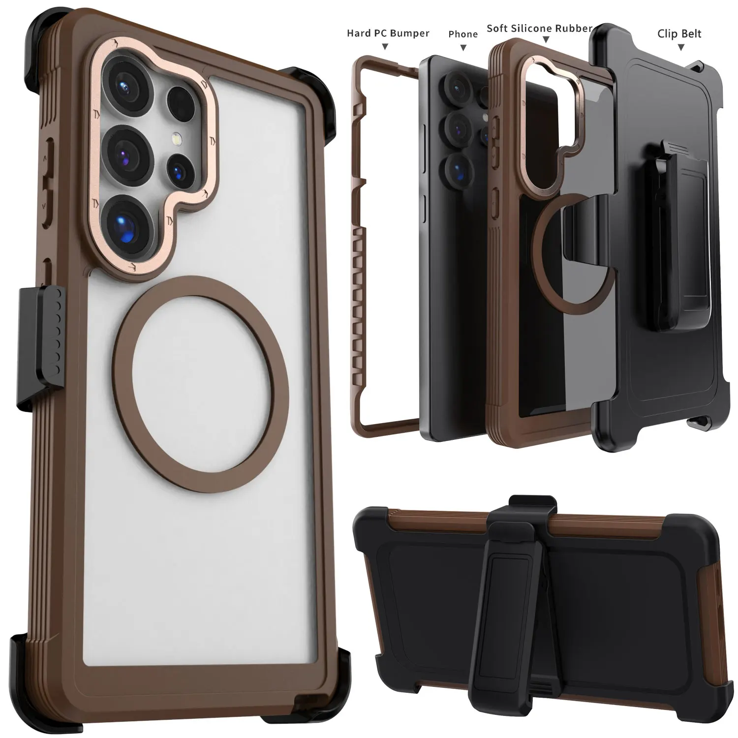 For Samsung For Galaxy S24/S24 Plus/S24 Ultra/S24 FE Magnetic Phone Case Shockproof Rugged Cover Clear/Brown +Belt Clip Holster