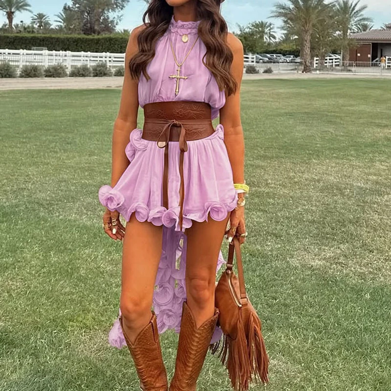 

Spring Summer New Sleeveless Irregular Tops Mini Skirt Matching Set Fashion Solid Color Loose Vacation Outfit Casual Ruffles Set