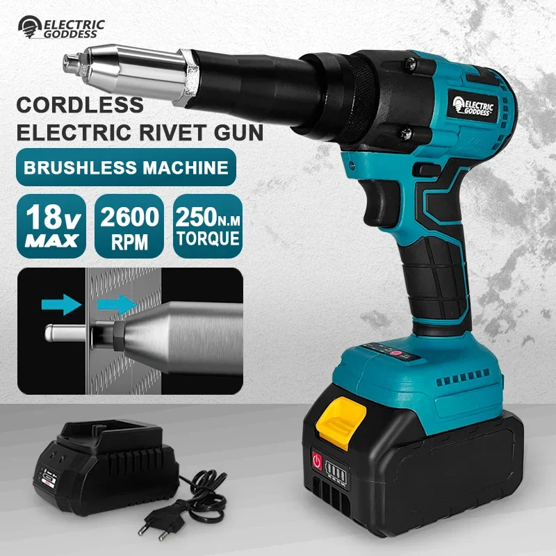 

18V Electric goddess Brushless 250N.m Electric Rivet Gun Cordless Rivet Nut Gun Drill Insert Automatic Riveting Tool with LED