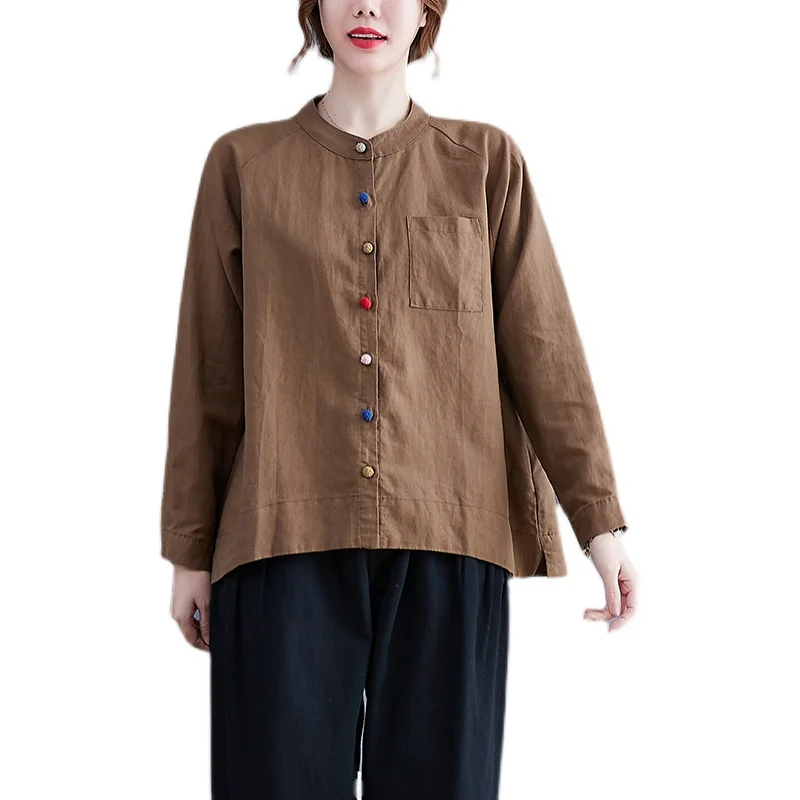   Botón Algodón Lino irt Tallas grandes Mujer Largo Sve Stand Collar Base irt Otoño Lino Top Tamaño completo Mujer Cl...