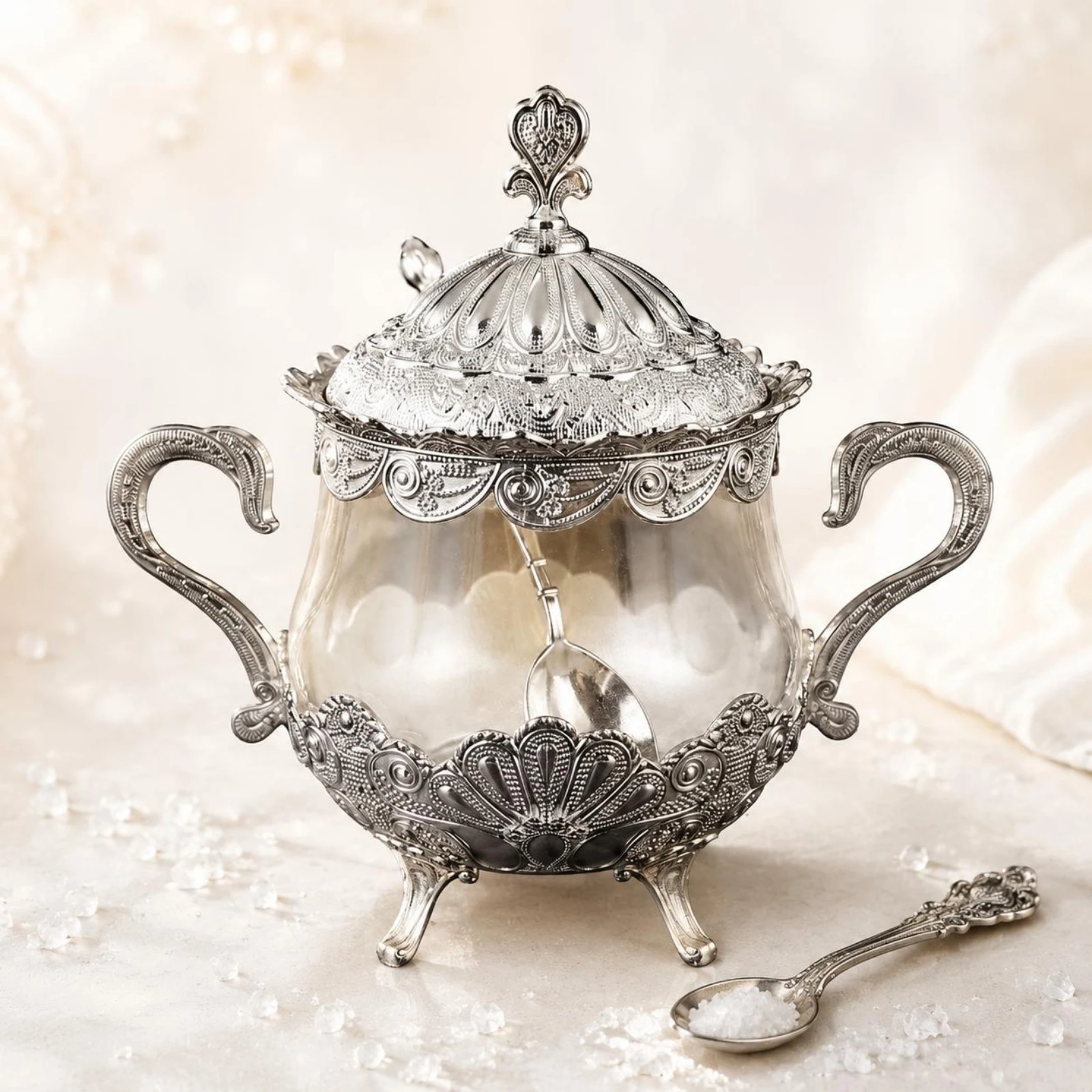 Ornate Sugar Bowl Peacock Pattern Sugar Pot Seasoning Storage Jar Easy to Clean Tableware Includes Spoon for Kitchen