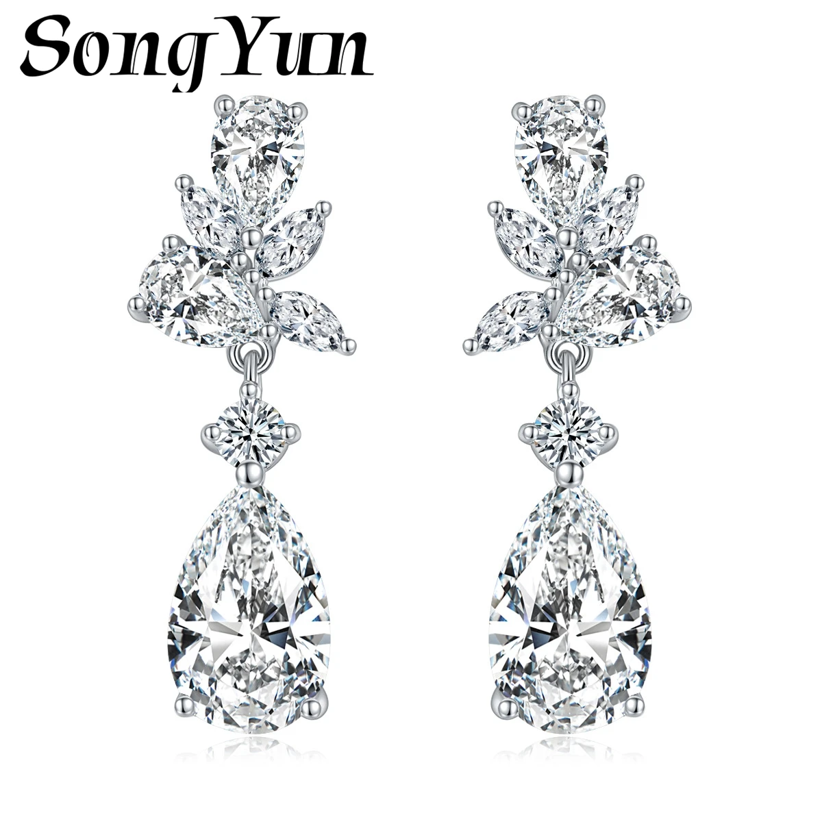 SONGYUN Moissanite Diamond Jewelry 7x11mm 3 Carat Teardrop Full Set Moissanite Marquise‑Inlaid Women's Stud Earrings