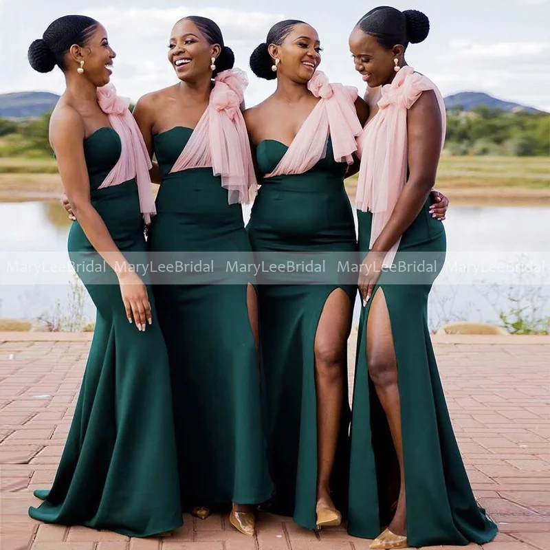 Vestidos de dama de honor de sirena verde oscuro con tul rosa, un hombro con abertura lateral, vestido elegante de novia para dama de honor, mujer para fiesta de boda