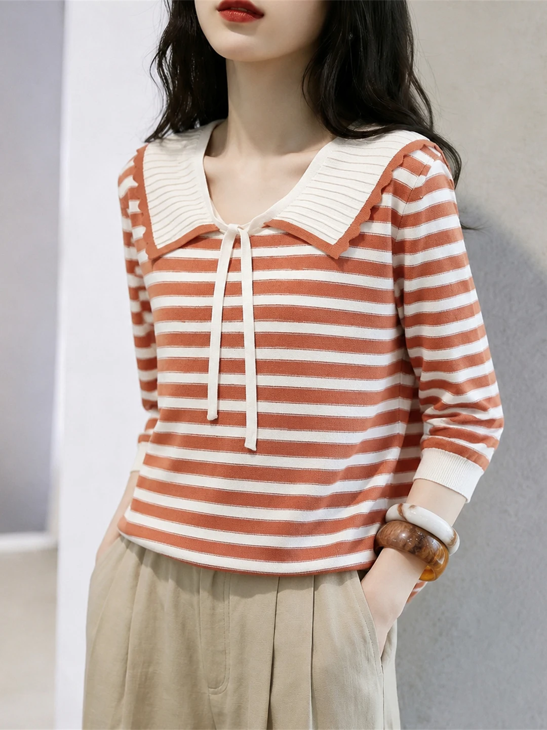 Korean Style Sweet Color Block Design Ice Silk Knitted Shirt Summer Stripe Elegant Top Women's Fashion Straight Cut Long Sleeve