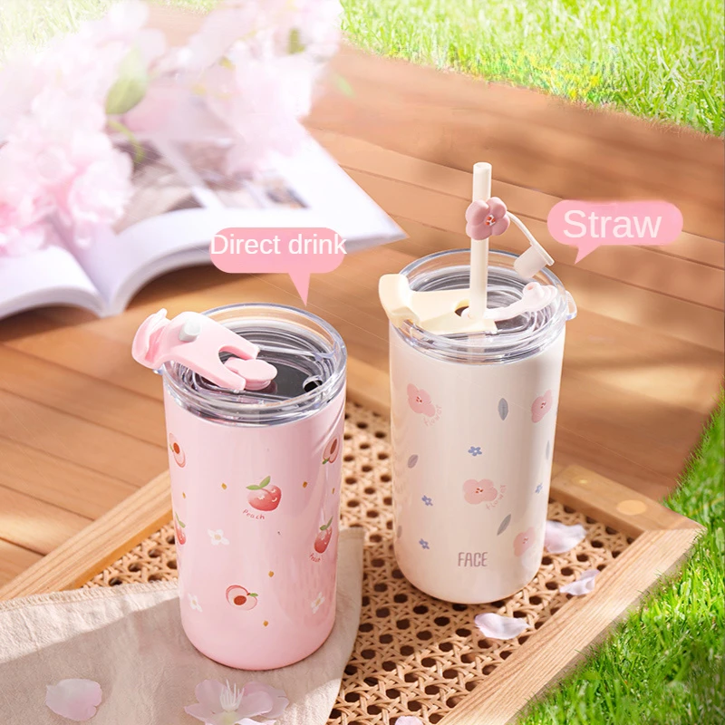 Insulation Cup with Straw 316 Stainless Steel Girl Heart Ins Cute Simple Large-capacity Portable Water Cup Female