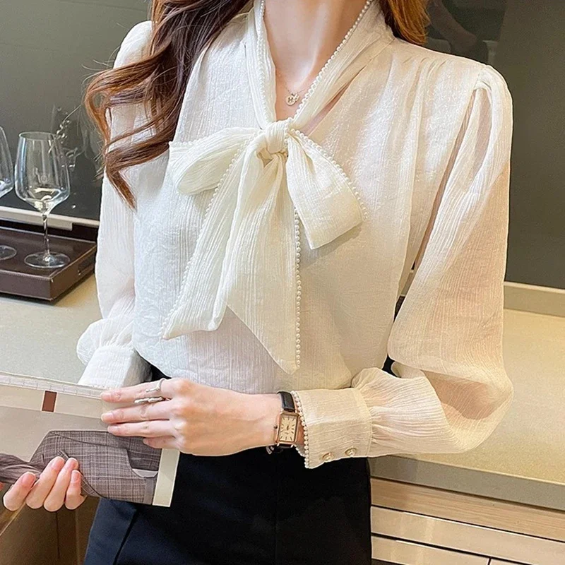 Women Chiffon Office Shirts Autumn Winter Bow Neck Korean Fashion Clothes Causal Camisas Elegant Long Sleeve Ladies Tops Blouses