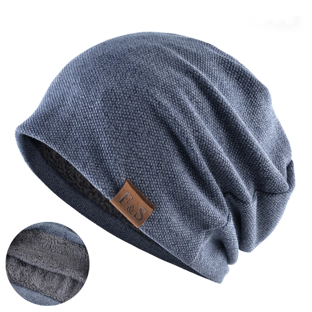 New Unisex Casual Label Decor Winter Knitted Hats Slouchy Winter Hats Add Fur Lined Men And Women Warm Beanie Cap
