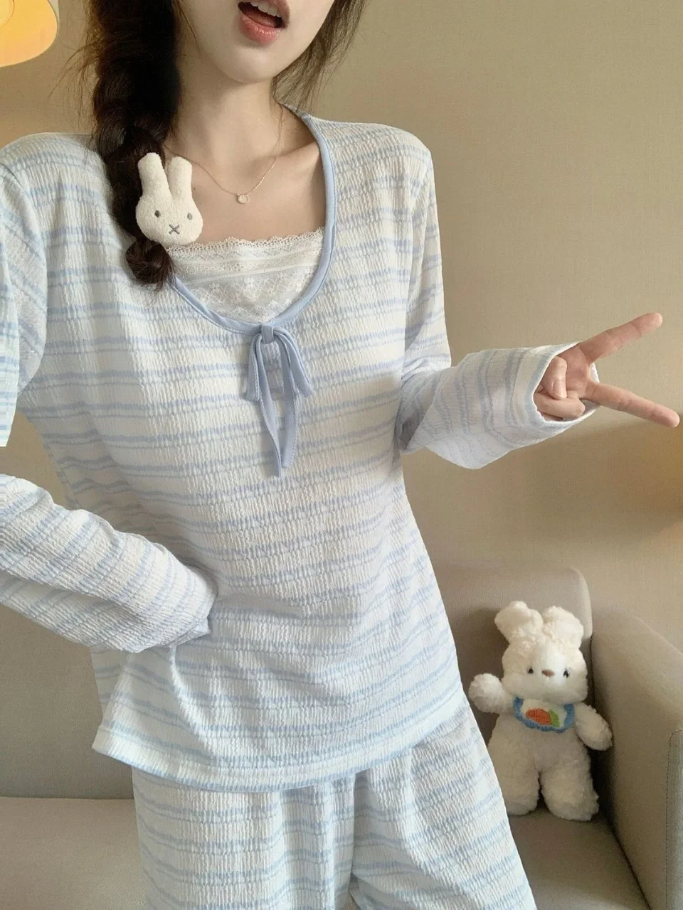 Y2K Harajuku style spicy girl blue stripe with chest cushion pajama set autumn/winter home wear women's long sleeved pants set
