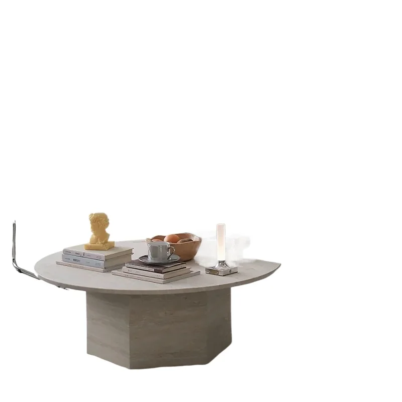 

Ins cream wind natural travertine coffee table Internet celebrity marble living room, Nordic wabi sabi French round coffee table