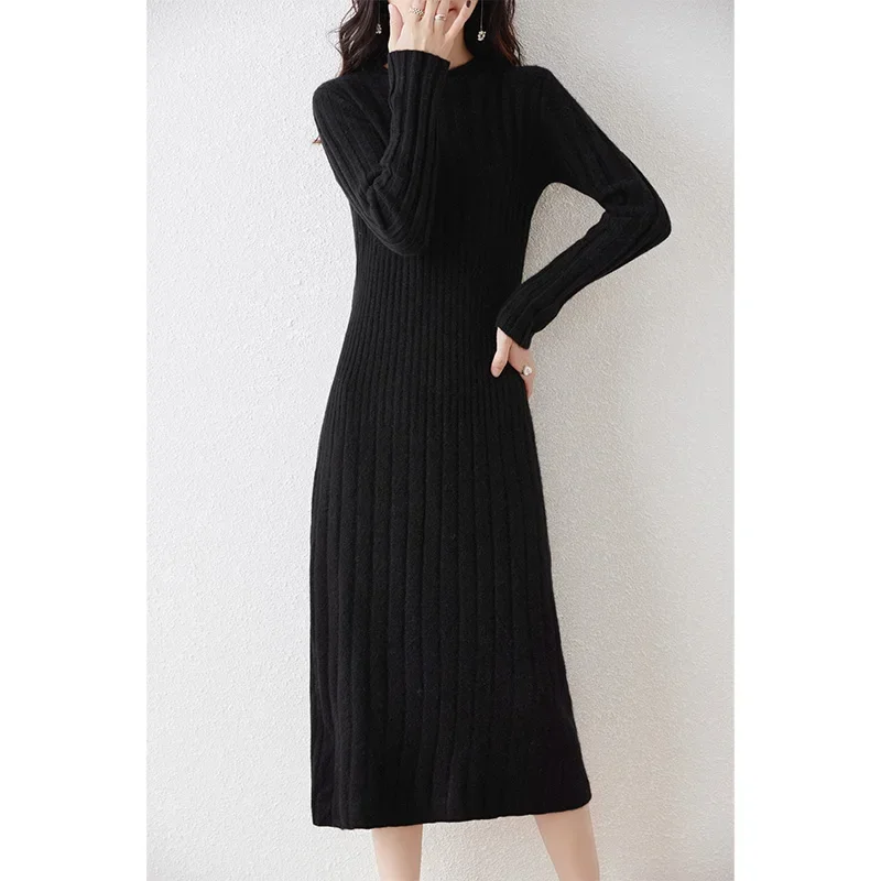 2023 Autumn Winter High Elasticity 100% Wool Thicken Sweater Dress Warm Basic Knitted Pullover Women Slim Dress Female Casual