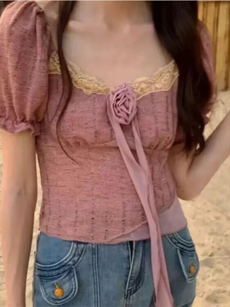 

Ретро-топ с кружевными вставками и рукавами-фонариками, женский, приталенный, с квадратным вырезом, летняя новинка 2025, для повседневной носки, однотонный, с коротким рукавом