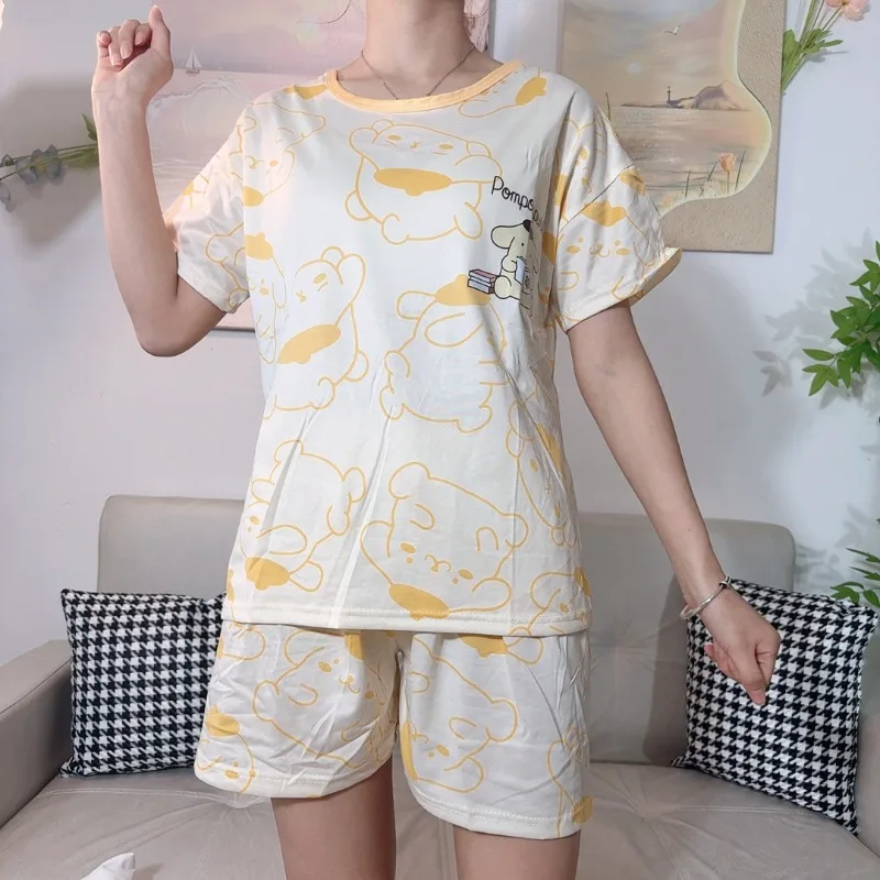 Novedad de verano, pijamas Sanrio, conjunto de pijamas de manga corta con perro pudín amarillo, ropa de descanso para estudiantes de dibujos animados, se puede usar en el exterior