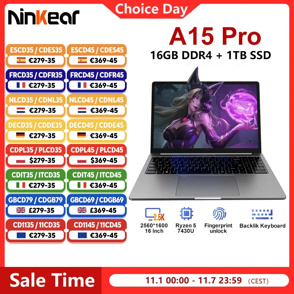 كمبيوتر محمول Ninkear A15 Pro سعة 16 جيجابايت و1 تيرابايت AMD Ryzen 5 7430U 16 بوصة 120 هرتز 2560*1600 شاشة عرض بصمة فتح الكمبيوتر المحمول