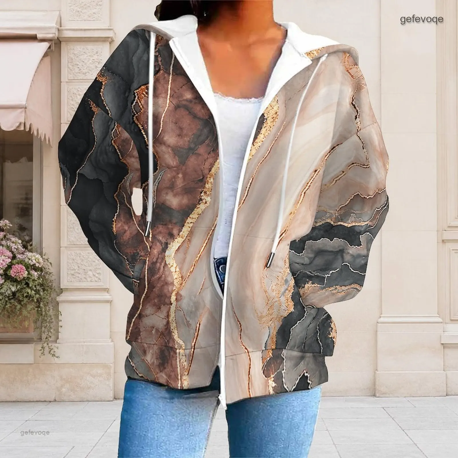 Spring Graphic Print Plus Size Outwear For Women Hooded Loose Plus Size Clothes Soft Womens Clothing For Daily Trip
