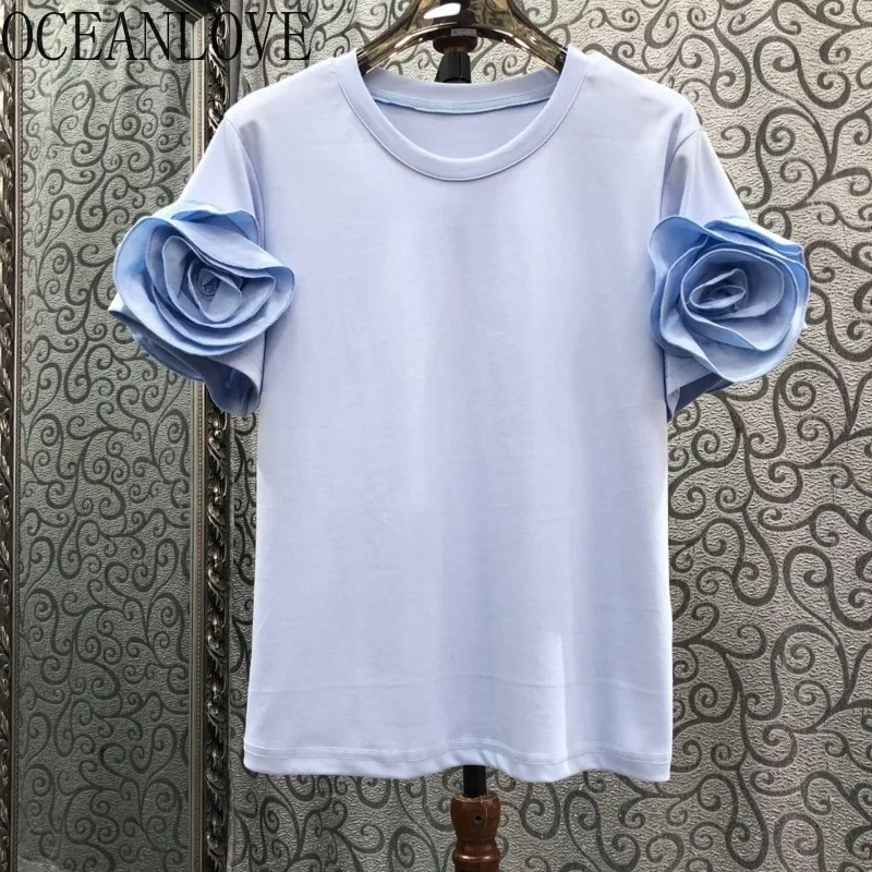 OCEANLOVE Ruffles T Shirt for Women Solid Spring Summer Vintage Ropa De Mujer Korean Fashion Elegant Simple Sweet Tees