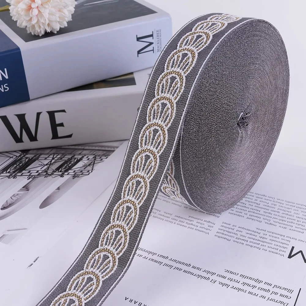

25 Meters Luxury Woven Jacquard Ribbon Dubai Saudi Sewing Tapes 3CM Gray Navy Blue Straps with Gold Thread for Textile Decor