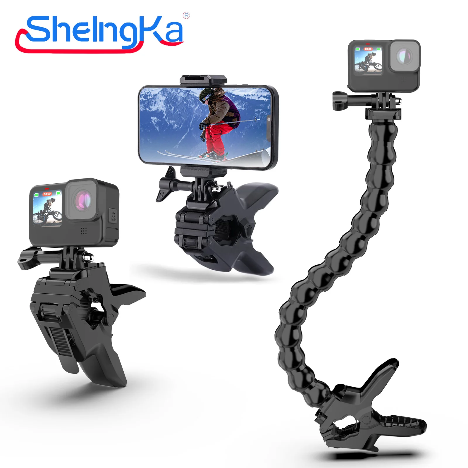 

Universal 360 Mount Adjustable Gooseneck Stand Auto Clip Cradle For GoPro ,DJI Osmo other action cameras, For Cell Phone