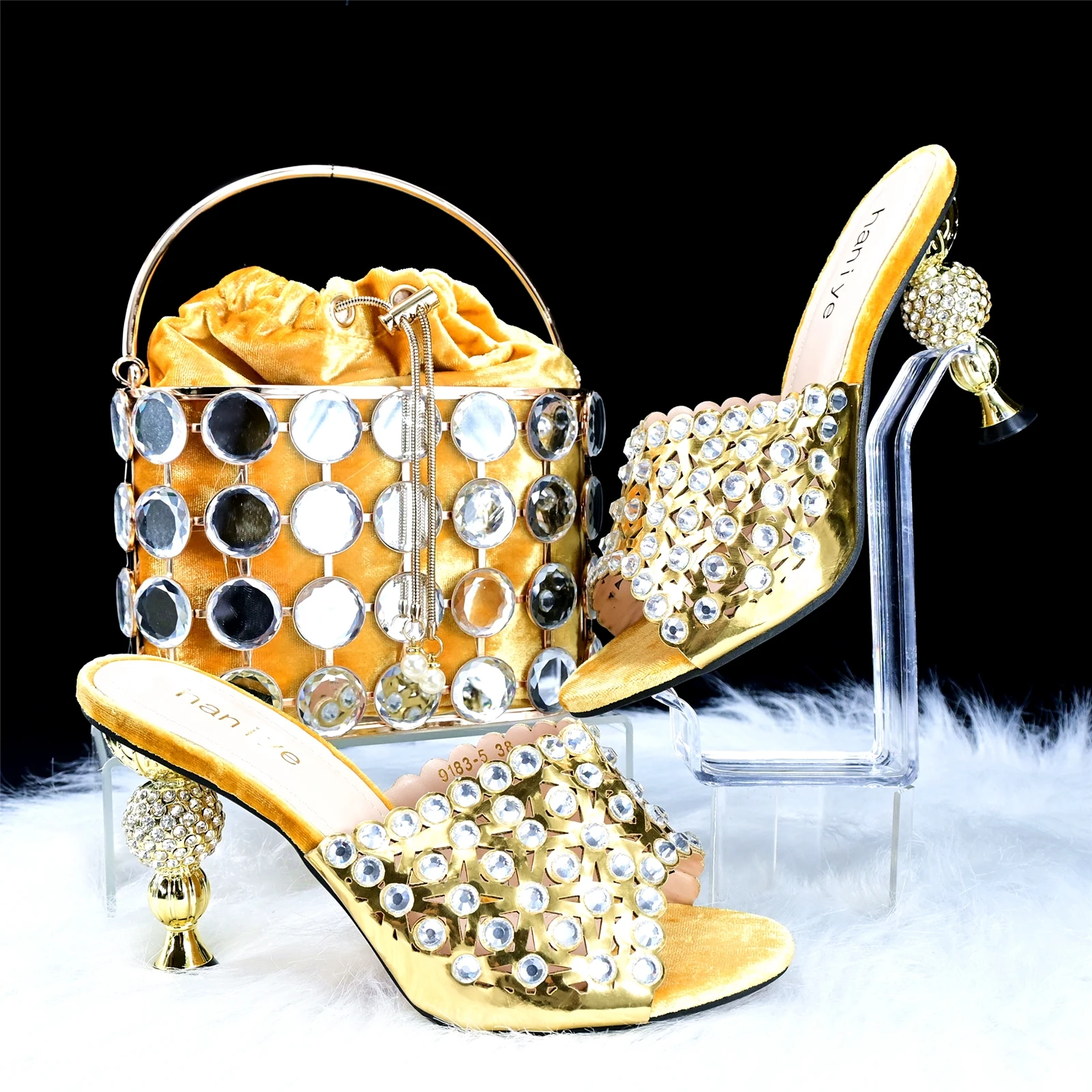 Haniye 9cm High Heels Shoes Matching Bag Set in Gold Color Nigerian Women Shoe and Bag Set for Party Wedding