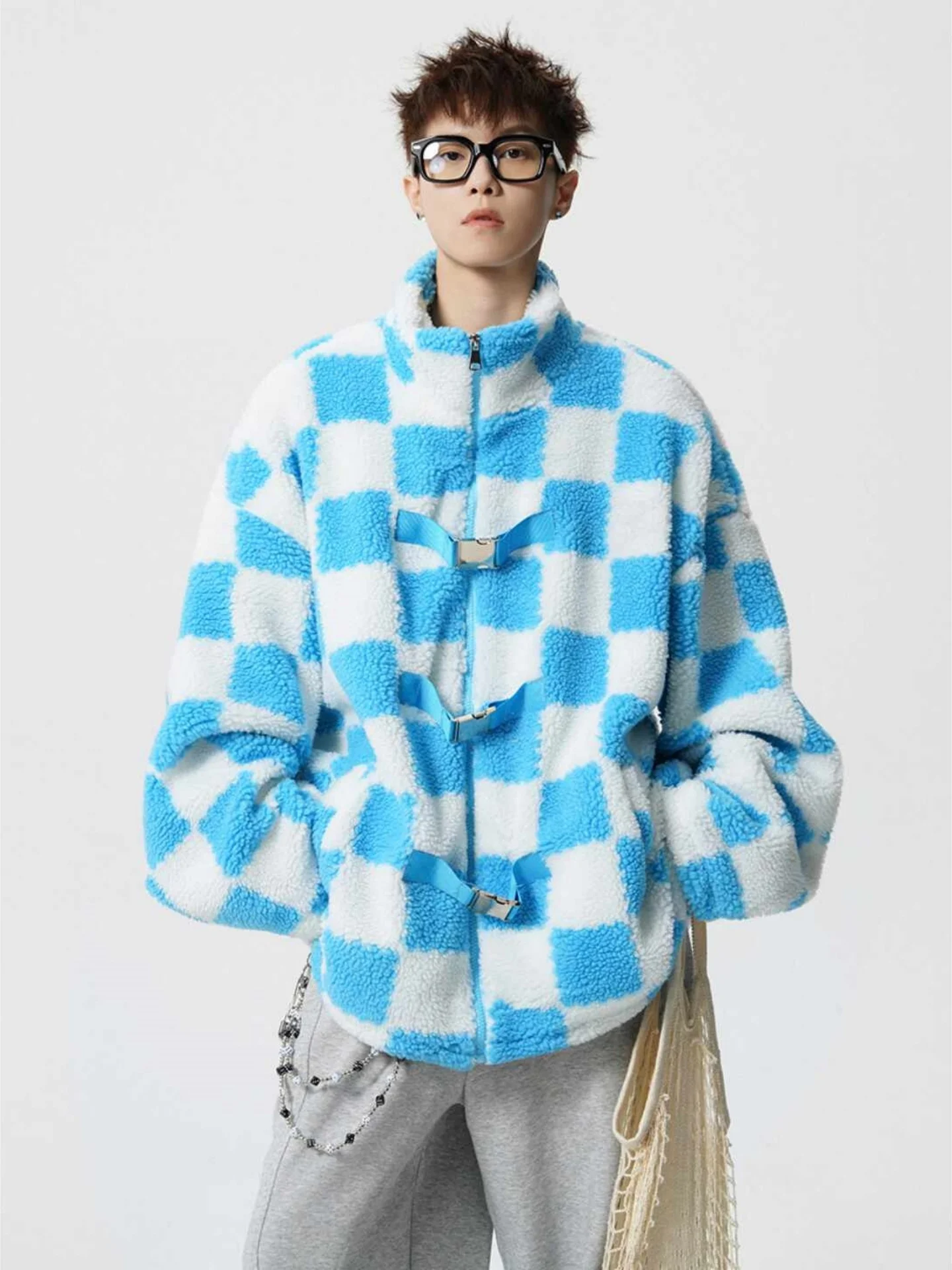 

Утепленная хлопковая куртка в клетку с воротником-стойкой из овечьей шерсти для мужчин, зимняя повседневная свободная куртка большого размера, парная модель, верхняя одежда