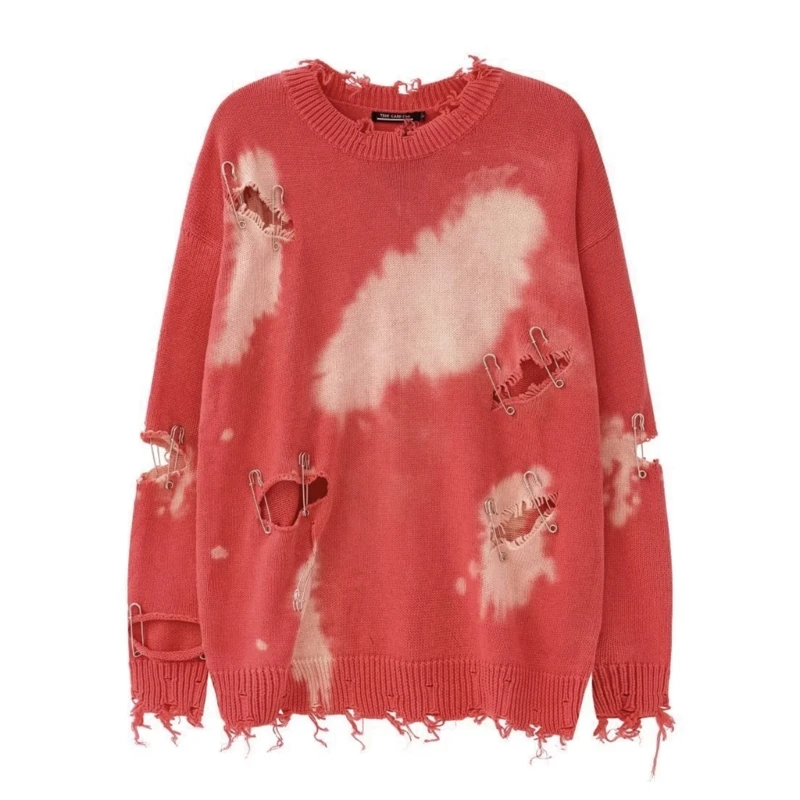 

Men Women Harajuku Long Sleeve Tie-Dye Metal Pins Ripped Hole Knitwear Sweater L5YB