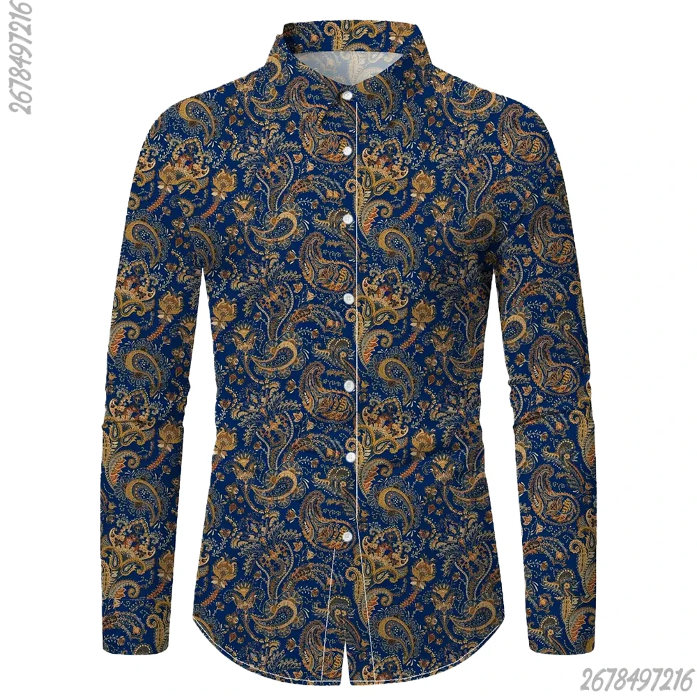 Herren Marineblau Golden Paisley Blumenmuster Langarmhemd Reverskragen Knopfleiste Polyester Retro Bluse