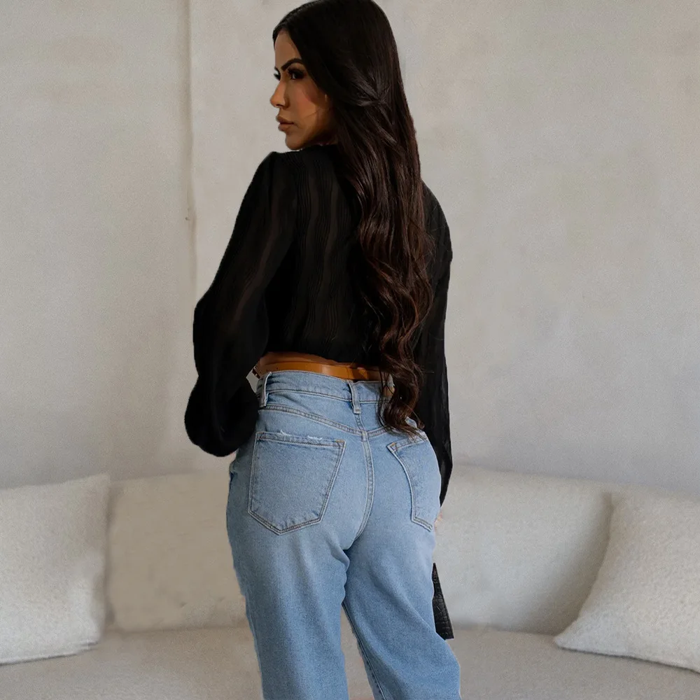 Women Blouse Fall Winter Fashion Deep V Neck Long Sleeve Crop Tops Elegant Lady Fold Belt Adjustable Waistband Blouses Shirts