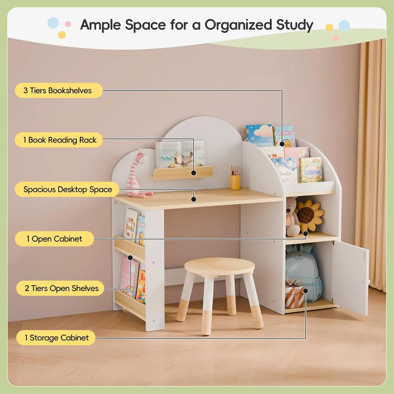 Kids Study Desk & Chair Set with 2 Bookshelves & Storage Cabinets, Wooden Student Table & Stool for Ages 3-8, Customized view 3