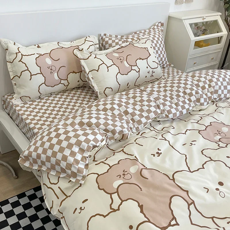 Kawaii Bear Printed Bed Set Floral Duvet Cover Pillowcase Bedding Set Cute Dog Bed Linen Sheet Quilt Cover Full Queen King Size