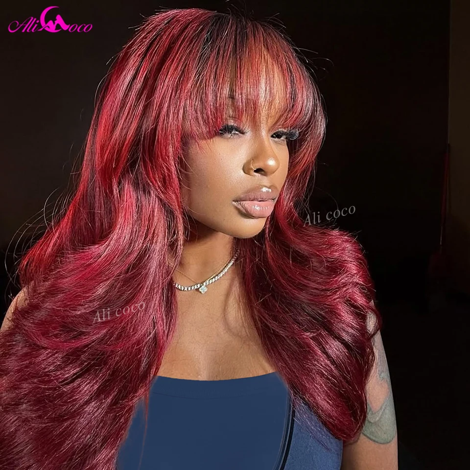 

Ombre Black and Red Wine Colored 180 Density Body Wave Human Hair Wig 13x6 Lace Front Wigs Pre Plucked with Cute Bangsfor Women