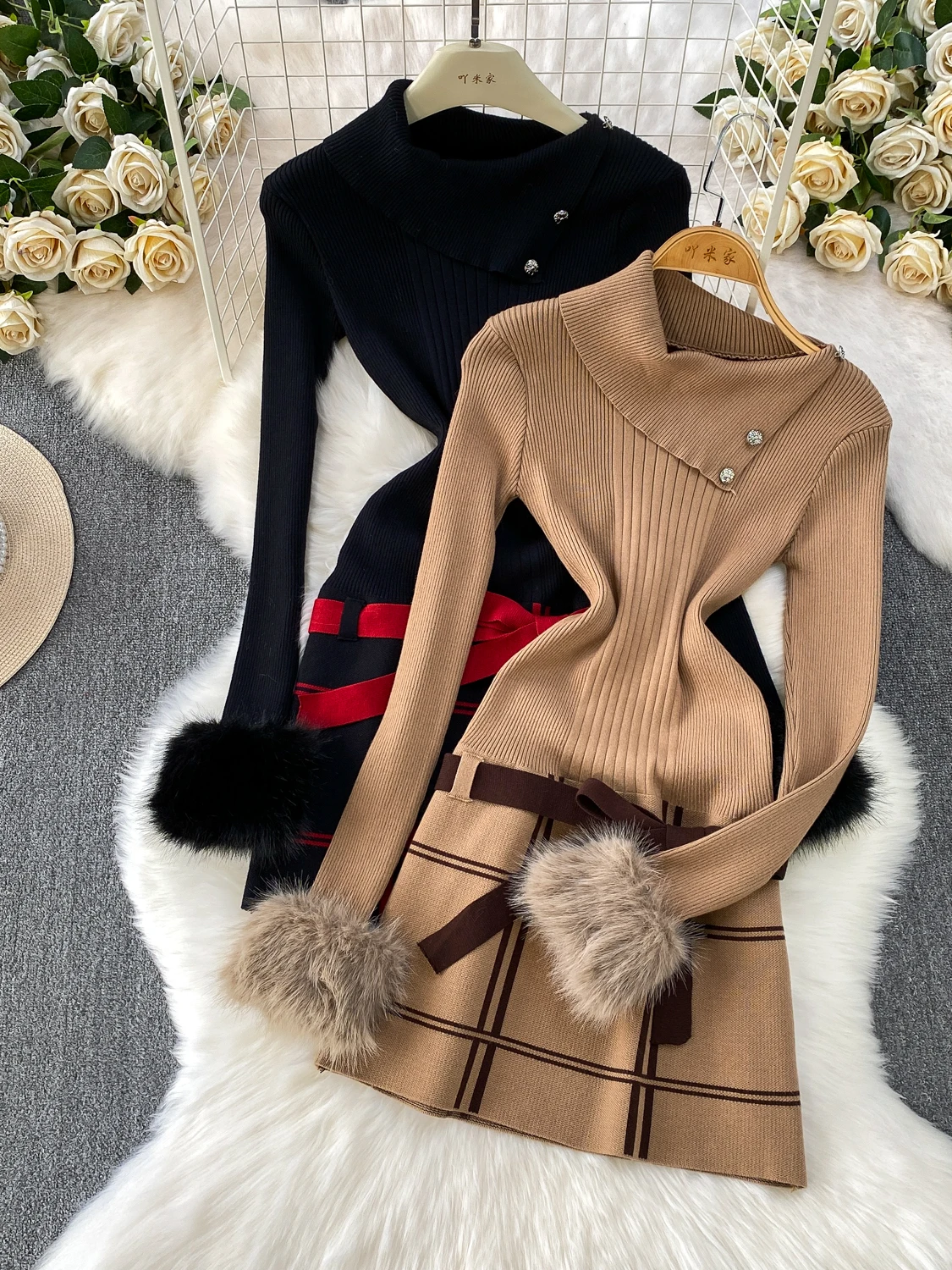 

Faionable Knitted Heavy Wool Svel Dr Women's Autumn Winter Design Belted ort Skirt Sexy Girl Sle High Waist A-...