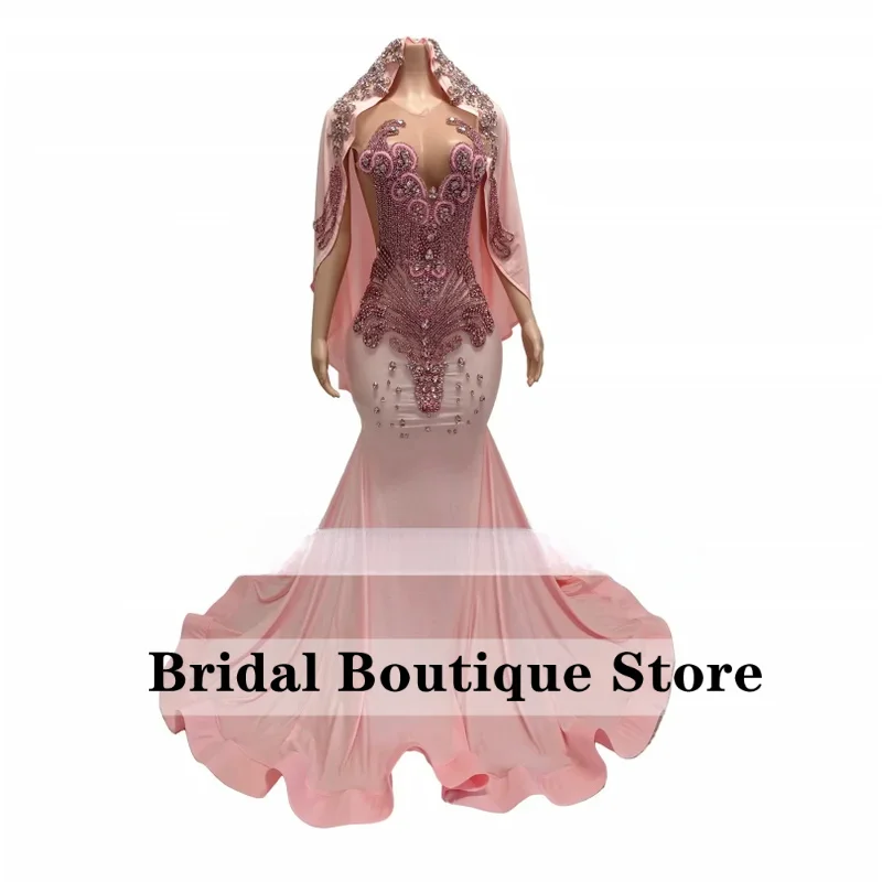 Pink Lovely Prom Dresses 2026 Sleeveless Luxury Diamonds Crystals Stain Long Birthday Party Dress African Girls Customized