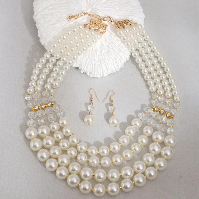 Handmade Ethnic Style Jewelry Sets Simulated Pearl Beads Mixed Crystal Multilayer Necklace Earrings Set For Women Bijoux