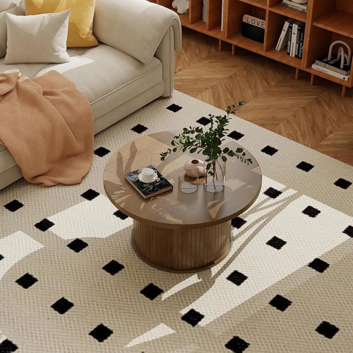 31.5 Inch Fluted Coffee Table, Mid Century Modern Round Coffee Table, Center Table With Sliding Door And Wood Flute