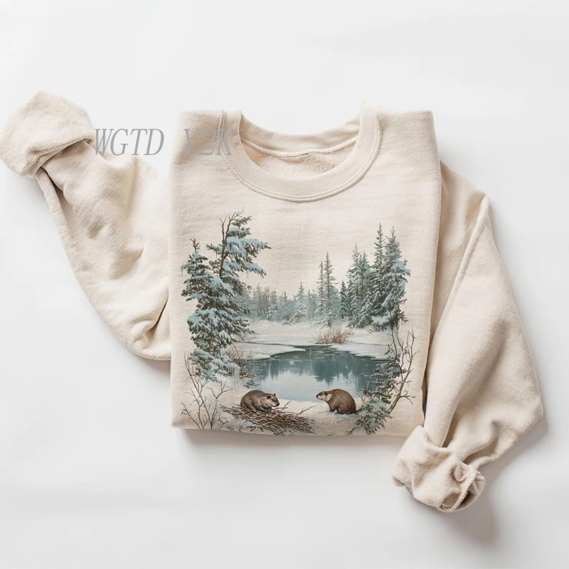 Retro Beavers Winter Pond Snowy Scene Nineties 90s Vintage Cute Woodland Creatures Outfit Boho Unisex Crewneck Hoodie Sweatshirt