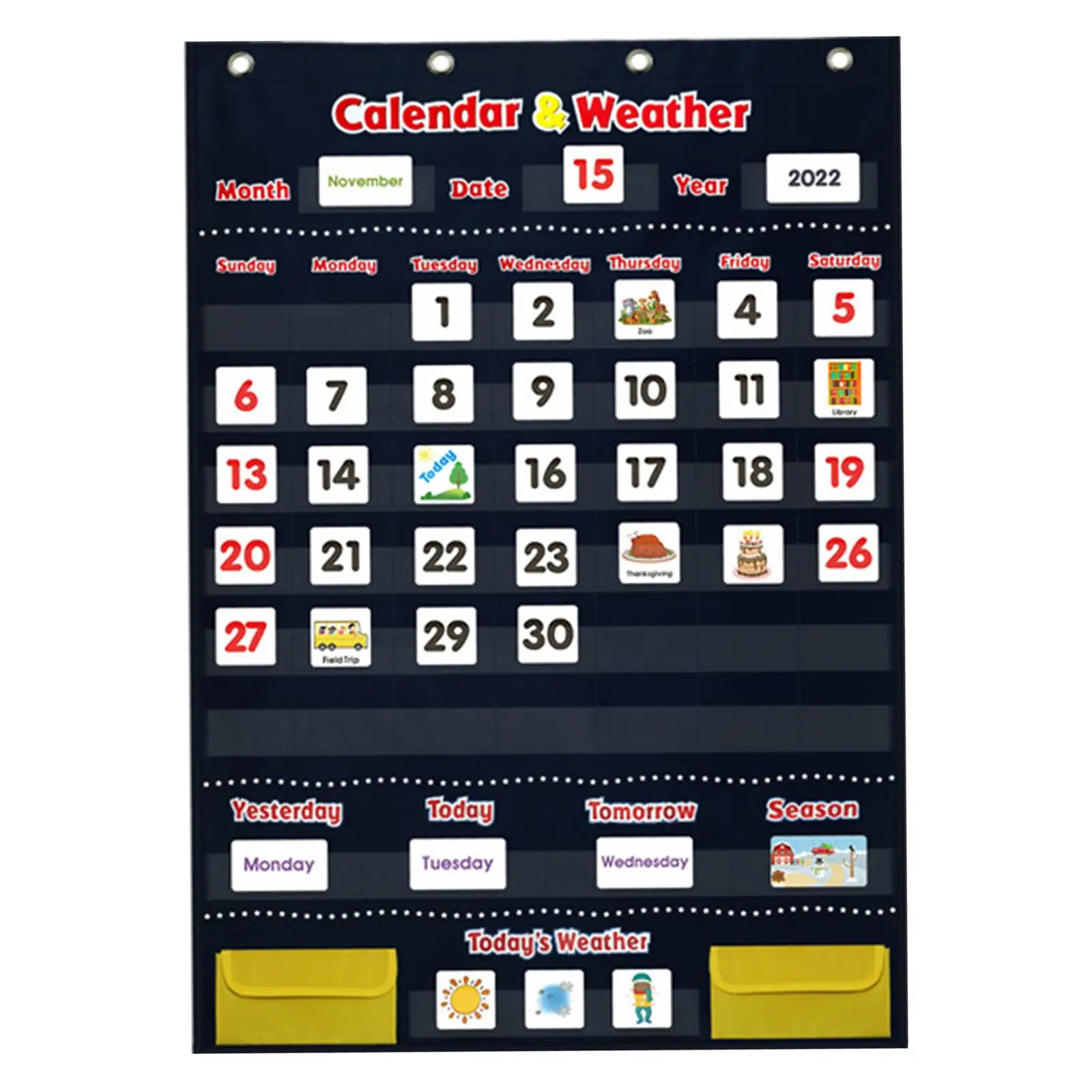 Calendario per bambini e giocattoli educativi meteorologici e calendario da parete a 4 ganci Calendario da 44x27" per la scuola materna a casa